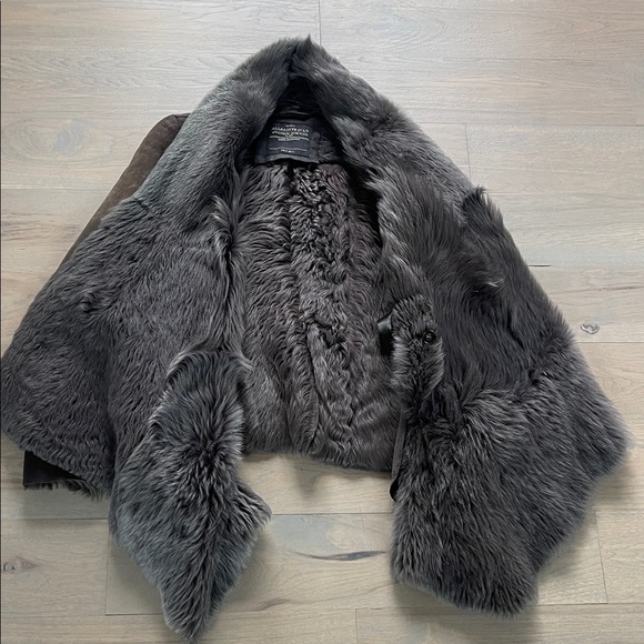 All Saints Black Leather Jacket with Gray Fur Trim - Picture 3 of 5